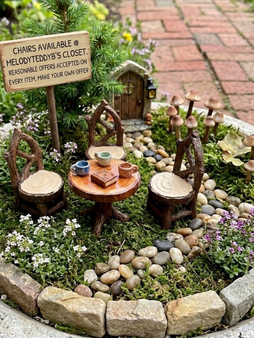 ​True Living Outdoors Mini Fairy Garden Chairs Set of 3 Rustic Log Tree Twig NWT